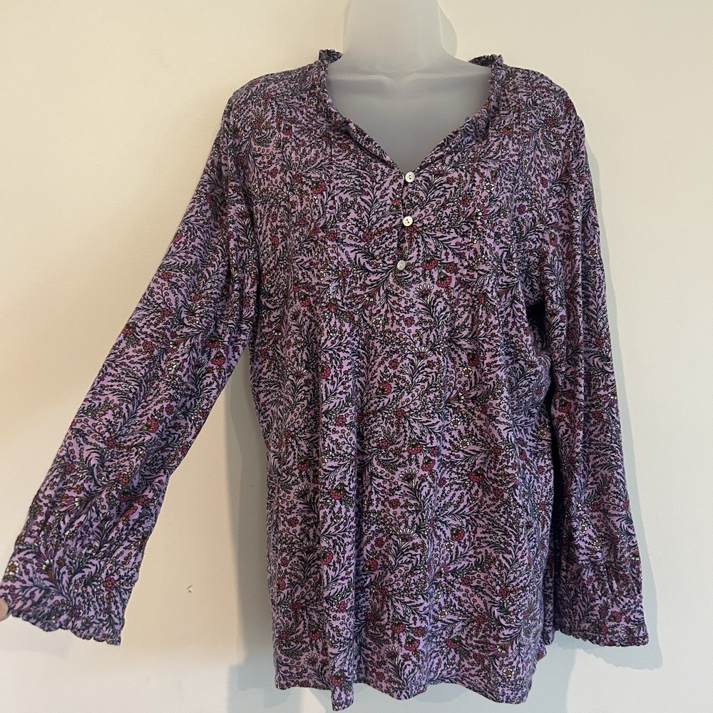 J.Jill  Purple Floral Henley Top Sz L Boho Soft Cotton Tencel Modal Long Sleeve